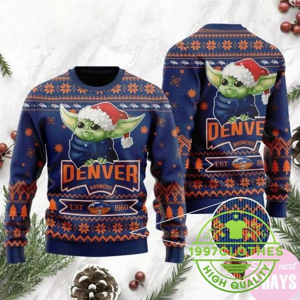 Denver Broncos Cute Baby Yoda Grogu Ugly Sweater, Denver Broncos Ugly Sweater, NFL Ugly Sweater