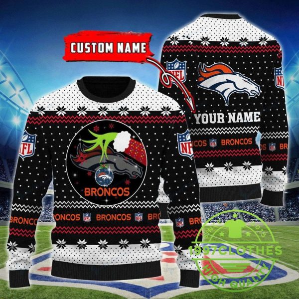 Denver Broncos Grinch Custom Name Ugly Christmas Sweater, Denver Broncos Ugly Sweater, NFL Ugly Sweater