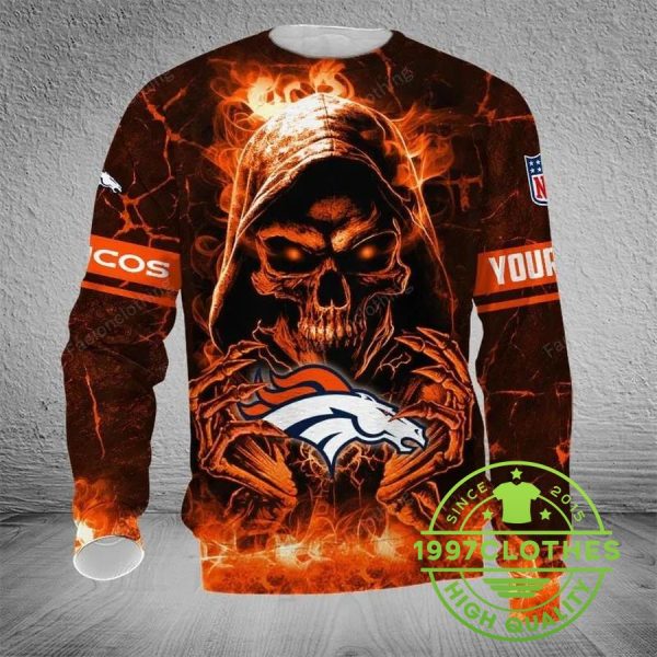 Denver Broncos Skull Personalized Ugly Christmas Sweater, Denver Broncos Ugly Sweater, NFL Ugly Sweater