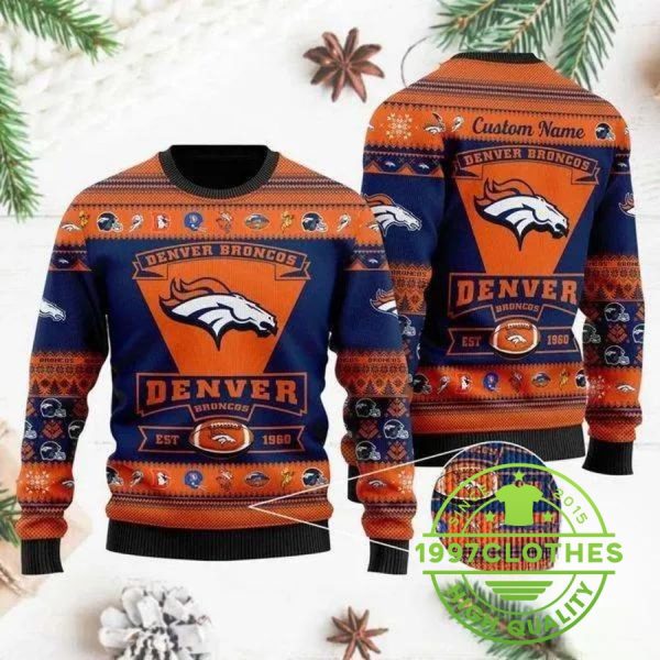 Denver Broncos Team Logo Custom Name Personalized Ugly Christmas Sweater, Denver Broncos Ugly Sweater, NFL Ugly Sweater