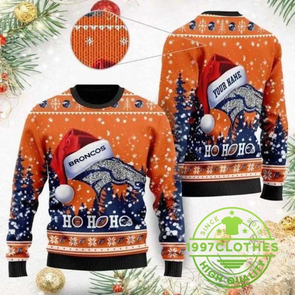 Denver Broncos Wearing Santa Claus Hat Ho Ho Ho Custom Personalized Ugly Christmas Sweater, Denver Broncos Ugly Sweater, NFL Ugly Sweater