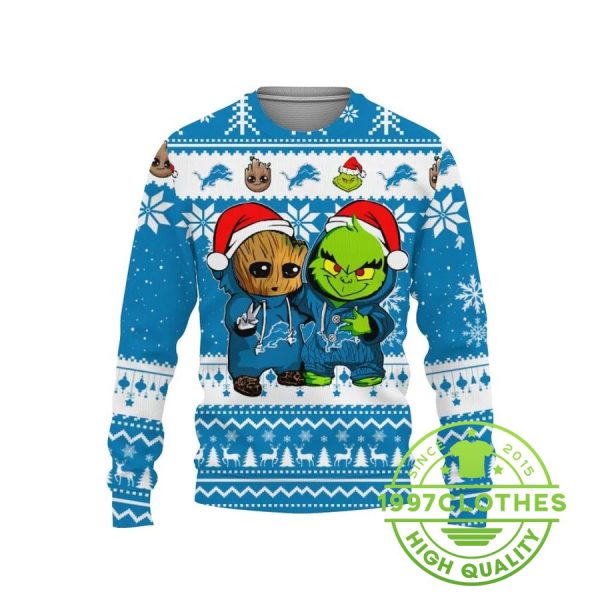 Detroit Lions Baby Groot And Grinch Best Friends Ugly Christmas Sweater, Detroit Lions Ugly Sweater, NFL Ugly Sweater