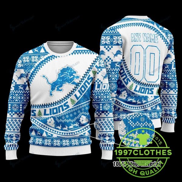 Detroit Lions Custom Name Number Ugly Christmas Sweater, Detroit Lions Ugly Sweater, NFL Ugly Sweater