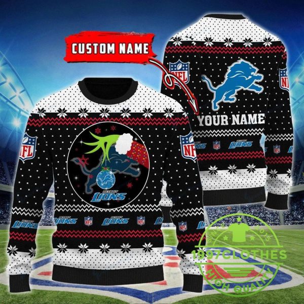 Detroit Lions Grinch Custom Name Ugly Christmas Sweater, Detroit Lions Ugly Sweater, NFL Ugly Sweater