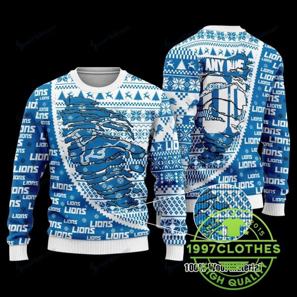 Detroit Lions Personalized Christmas Ugly Sweater, Detroit Lions Ugly Sweater, NFL Ugly Sweater