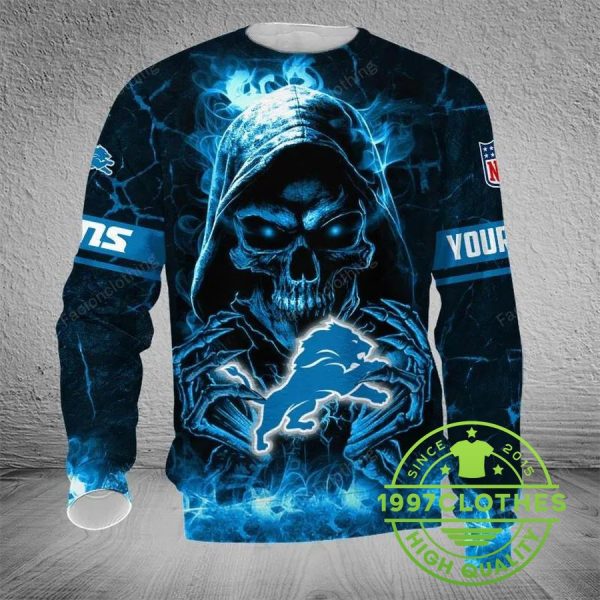 Detroit Lions Skull Personalized Ugly Christmas Sweater, Detroit Lions Ugly Sweater, NFL Ugly Sweater