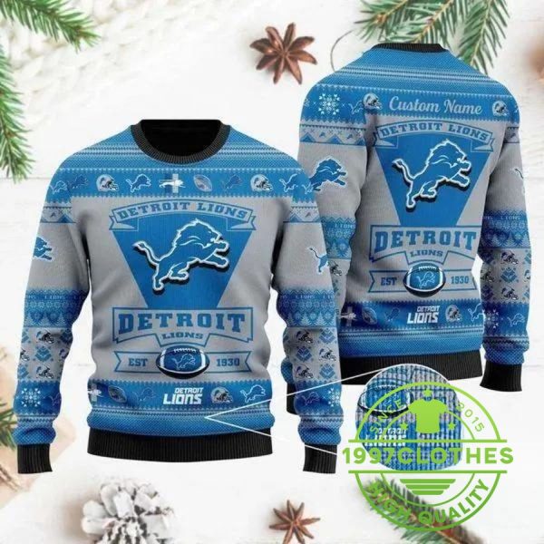 Detroit Lions Team Logo Custom Name Personalized Ugly Christmas Sweater, Detroit Lions Ugly Sweater, NFL Ugly Sweater