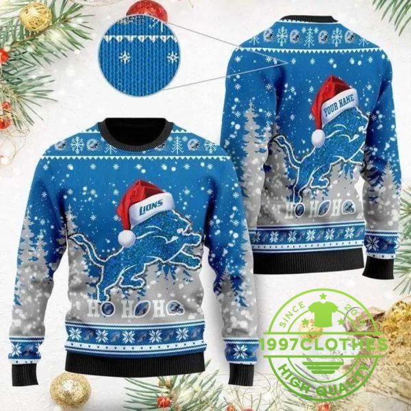 Detroit Lions Wearing Santa Claus Hat Ho Ho Ho Custom Personalized Ugly Christmas Sweater, Detroit Lions Ugly Sweater, NFL Ugly Sweater