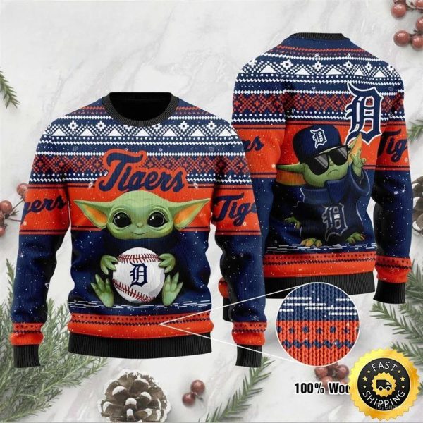 Detroit Tigers Grogu Baby Yoda Hug Logo Ugly Christmas Sweater, Detroit Tigers Ugly Sweater, MLB Christmas Sweater