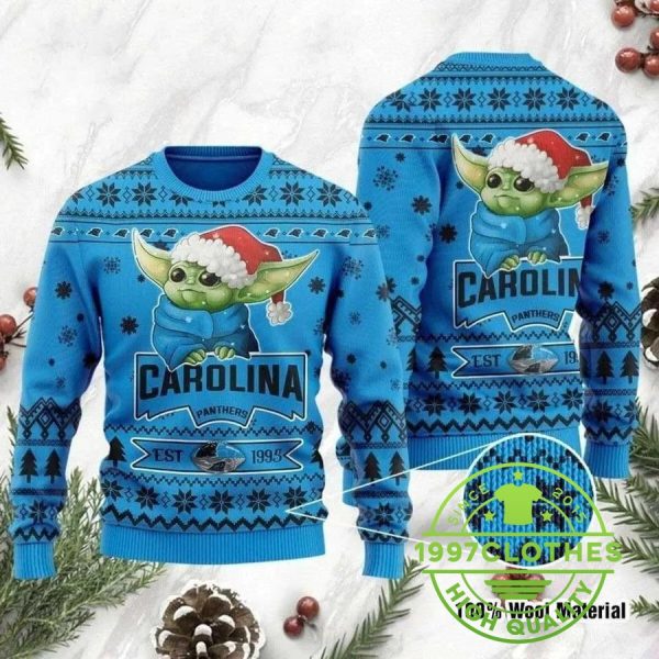 Funny Baby Yoda Carolina Panthers Ugly Christmas Sweater, Carolina Panthers Ugly Sweater, NFL Ugly Sweater