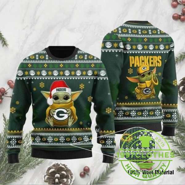 Green Bay Packers Baby Yoda Ugly Christmas Sweater, Green Bay Packers Ugly Sweater, NFL Ugly Sweater