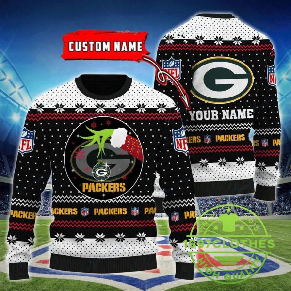 Green Bay Packers Grinch Custom Name Ugly Christmas Sweater, Green Bay Packers Ugly Sweater, NFL Ugly Sweater