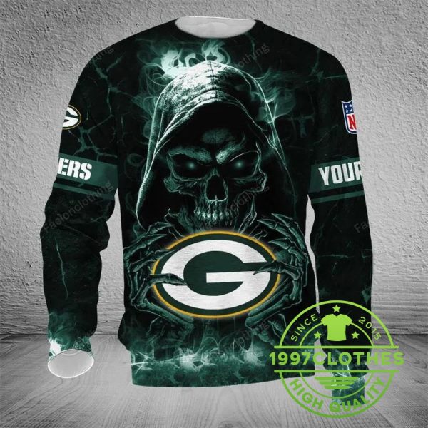 Green Bay Packers Skull Personalized Ugly Christmas Sweater, Green Bay Packers Ugly Sweater, NFL Ugly Sweater