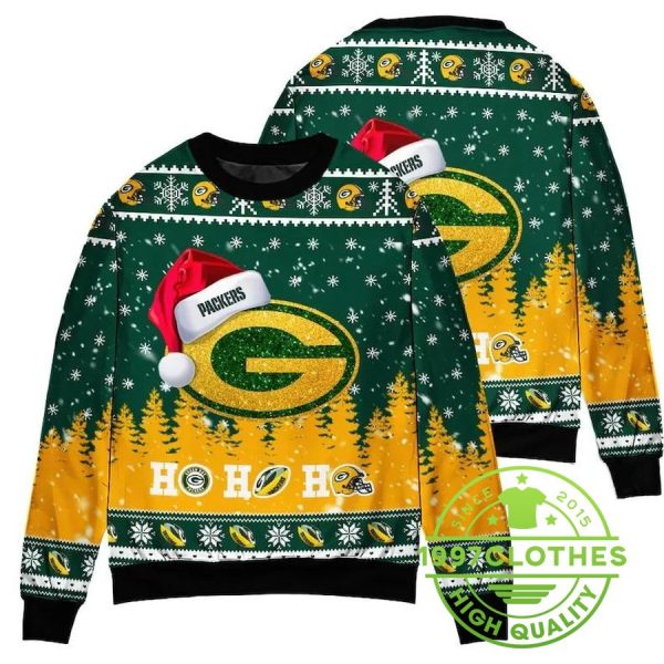 Green Bay Packers Wearing Santa Claus Hat Ho Ho Ho Ugly Christmas Sweater, Green Bay Packers Ugly Sweater, NFL Ugly Sweater