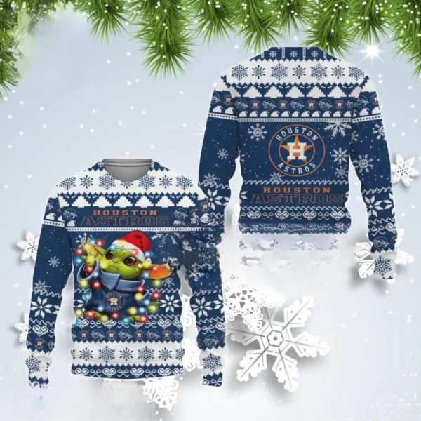 Houston Astros Baby Yoda Christmas Light Ugly Christmas Sweater, Houston Astros Ugly Sweater, MLB Christmas Sweater