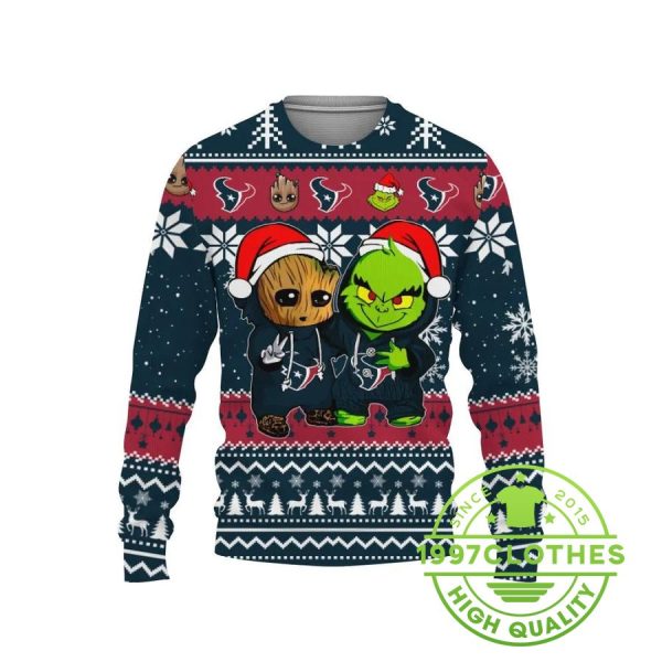 Houston Texans Baby Groot And Grinch Best Friends Ugly Christmas Sweater, Houston Texans Ugly Sweater, NFL Ugly Sweater