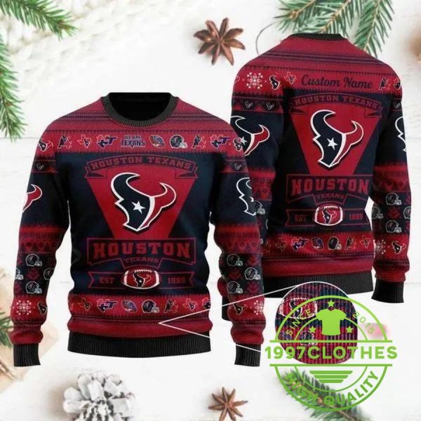 Houston Texans Team Logo Custom Name Personalized Ugly Christmas Sweater, Houston Texans Ugly Sweater, NFL Ugly Sweater