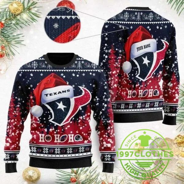 Houston Texans Wearing Santa Claus Hat Ho Ho Ho Personalized Ugly Christmas Sweater, Houston Texans Ugly Sweater, NFL Ugly Sweater