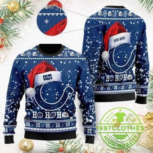 Indianapolis Colts Wearing Santa Claus Hat Ho Ho Ho Personalized Ugly Christmas Sweater, Indianapolis Colts Ugly Sweater, NFL Ugly Sweater