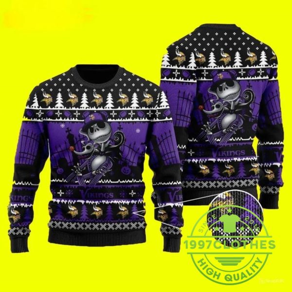 Jack Skellington Halloween Minnesota Vikings Ugly Christmas Sweater, Minnesota Vikings Ugly Sweater, NFL Ugly Sweater