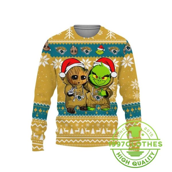 Jacksonville Jaguars Baby Groot And Grinch Best Friends Ugly Christmas Sweater, Jacksonville Jaguars Ugly Sweater, NFL Ugly Sweater