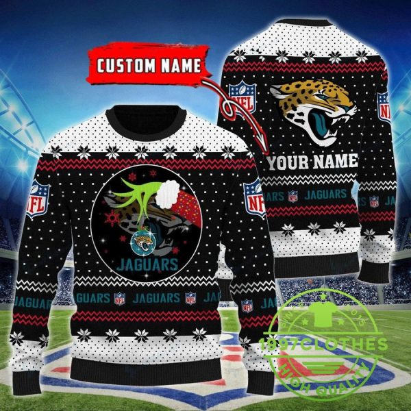 Jacksonville Jaguars Grinch Custom Name Ugly Christmas Sweater, Jacksonville Jaguars Ugly Sweater, NFL Ugly Sweater