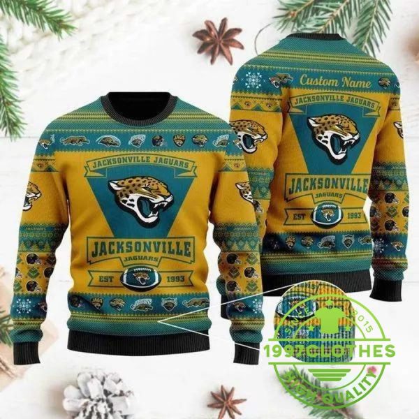 Jacksonville Jaguars Team Logo Personalized Ugly Christmas Sweater, Jacksonville Jaguars Ugly Sweater, NFL Ugly Sweater