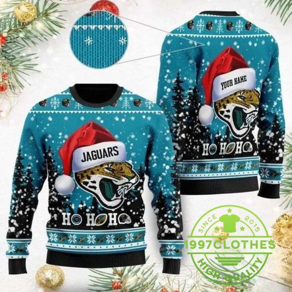 Jacksonville Jaguars Wearing Santa Claus Hat Ho Ho Ho Personalized Ugly Christmas Sweater, Jacksonville Jaguars Ugly Sweater, NFL Ugly Sweater