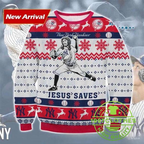 Jesus Saves New York Yankees Ugly Christmas Sweater, New York Yankees Ugly Sweater, MLB Christmas Sweater