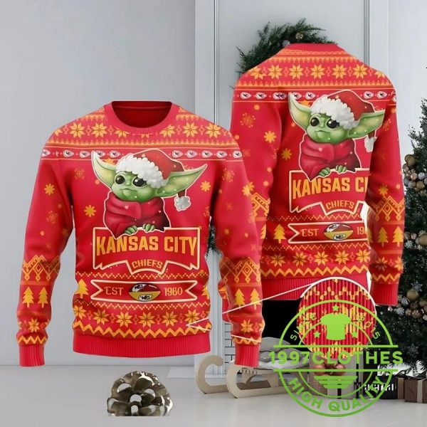 Kansas City Chiefs Cute Baby Yoda Grogu Ugly Christmas Sweater, Kansas City Chiefs Ugly Sweater, NFL Ugly Sweater