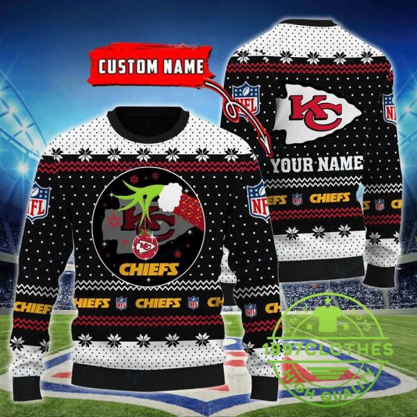 Kansas City Chiefs Grinch Custom Name Christmas Ugly Sweater, Kansas City Chiefs Ugly Sweater, NFL Ugly Sweater