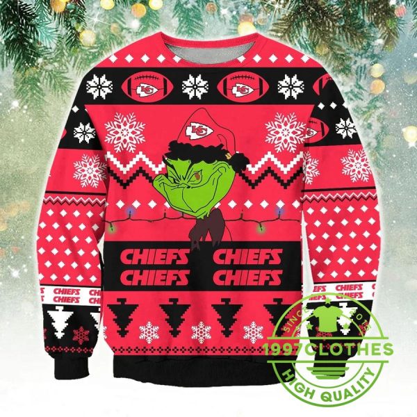 Kansas City Chiefs Grinch Ugly Christmas Sweater, Kansas City Chiefs Ugly Sweater, NFL Ugly Sweater