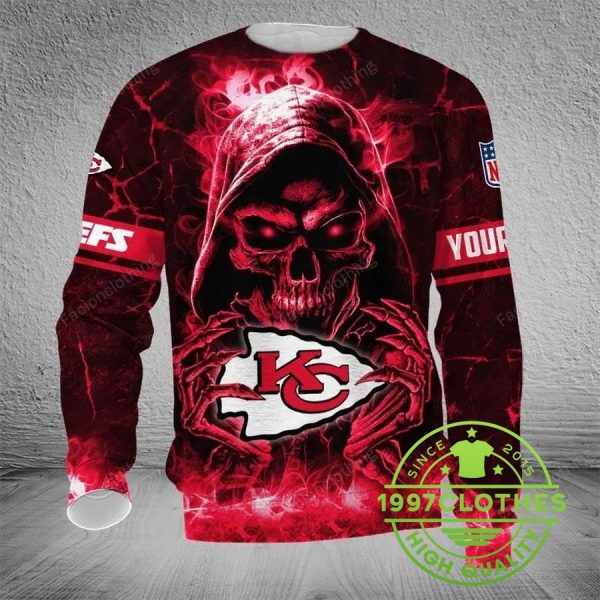 Kansas City Chiefs Skull Personalized Ugly Christmas Sweater, Kansas City Chiefs Ugly Sweater, NFL Ugly Sweater