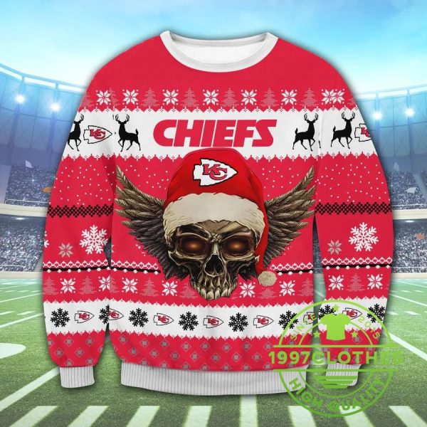 Kansas City Chiefs Skull Ugly Christmas Sweater, Kansas City Chiefs Ugly Sweater, NFL Ugly Sweater