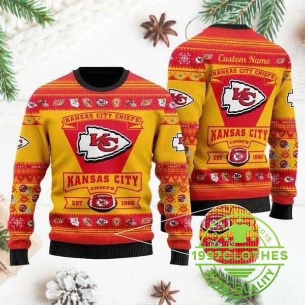 Kansas City Chiefs Team Logo Custom Name Personalized Christmas Ugly Sweater, Kansas City Chiefs Ugly Sweater, NFL Ugly Sweater