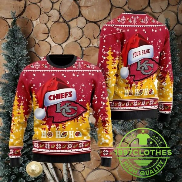 Kansas City Chiefs Wearing Santa Claus Hat Ho Ho Ho Personalized Ugly Christmas Sweater, Kansas City Chiefs Ugly Sweater, NFL Ugly Sweater