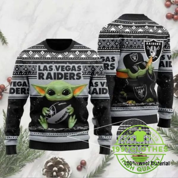 Las Vegas Raiders Baby Yoda Ugly Christmas Sweater, Las Vegas Raiders Ugly Sweater, NFL Ugly Sweater