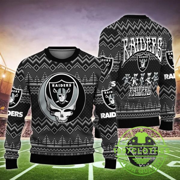 Las Vegas Raiders Grateful Dead Ugly Chrismas Sweater, Las Vegas Raiders Ugly Sweater, NFL Ugly Sweater