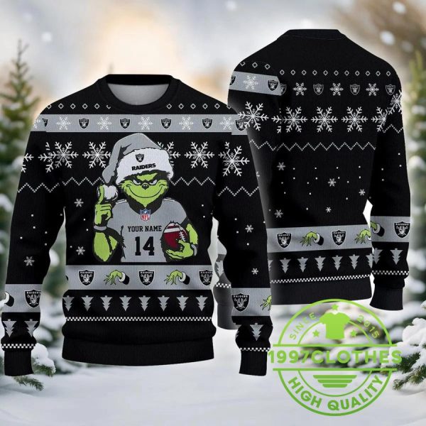 Las Vegas Raiders Grinch Customs Chrismas Ugly Sweater, Las Vegas Raiders Ugly Sweater, NFL Ugly Sweater