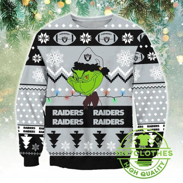 Las Vegas Raiders Grinch Funny Ugly Christmas Sweater, Las Vegas Raiders Ugly Sweater, NFL Ugly Sweater