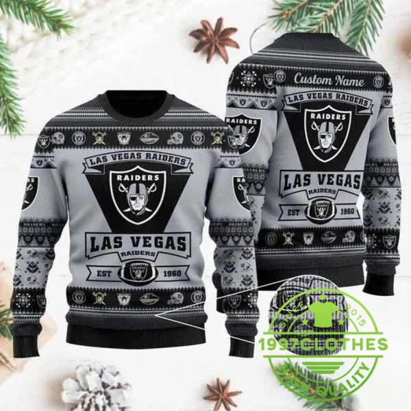 Las Vegas Raiders Team Logo Custom Name Personalized Ugly Christmas Sweater, Las Vegas Raiders Ugly Sweater, NFL Ugly Sweater