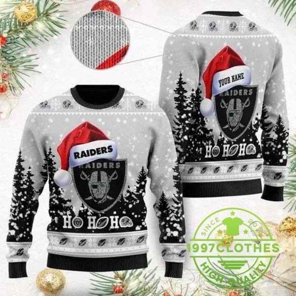 Las Vegas Raiders Wearing Santa Claus Hat Ho Ho Ho Custom Personalized Ugly Christmas Sweater, Las Vegas Raiders Ugly Sweater, NFL Ugly Sweater