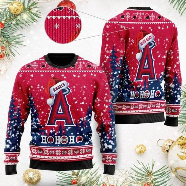 Los Angeles Angels Santa Claus Hat Ho Ho Ho Custom Ugly Christmas Sweater, Los Angeles Angels Ugly Christmas Sweater, MLB Christmas Sweater