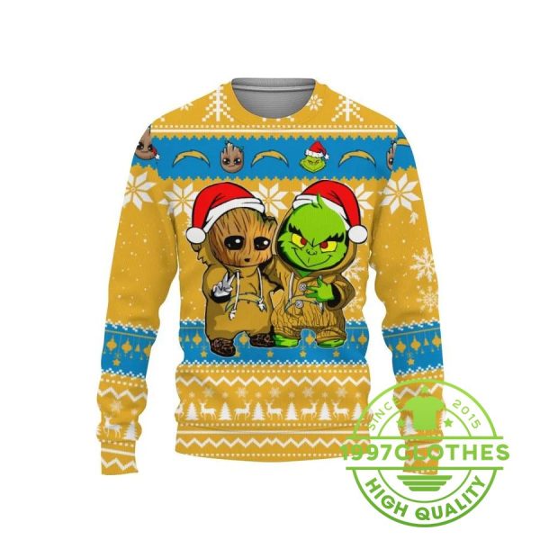 Los Angeles Chargers Baby Groot And Grinch Best Friends Ugly Christmas Sweater, Los Angeles Chargers Ugly Sweater, NFL Ugly Sweater