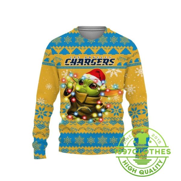 Los Angeles Chargers Baby Yoda Star Wars Ugly Christmas Sweater, Los Angeles Chargers Ugly Sweater, NFL Ugly Sweater