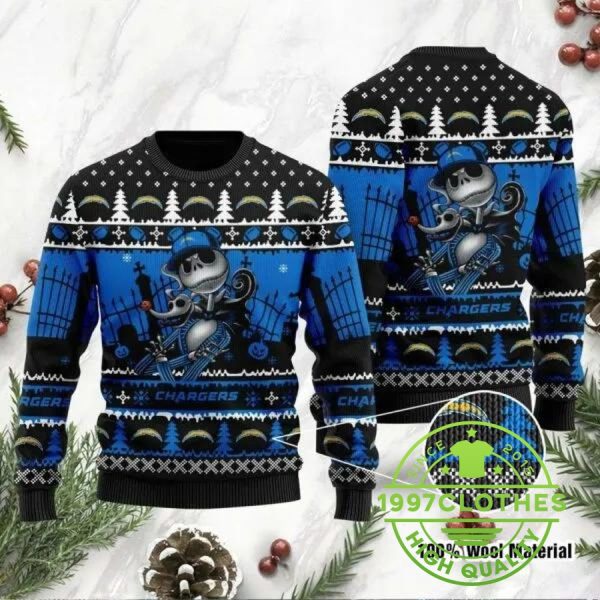 Los Angeles Chargers Jack Skellington Halloween Ugly Christmas Sweater, Los Angeles Chargers Ugly Sweater, NFL Ugly Sweater