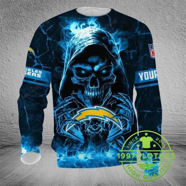 Los Angeles Chargers Skull Personalized Ugly Christmas Sweater, Los Angeles Chargers Ugly Sweater, NFL Ugly Sweater