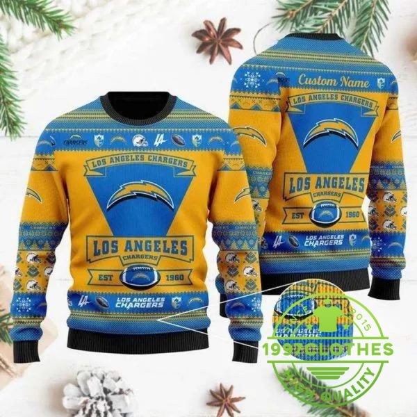 Los Angeles Chargers Team Logo Personalized Ugly Christmas Sweater, Los Angeles Chargers Ugly Sweater, NFL Ugly Sweater