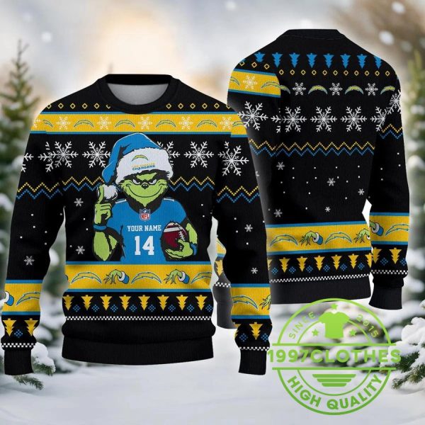 Los Angeles Chargers The Grinch Custom Chrismas Ugly Sweater, Los Angeles Chargers Ugly Sweater, NFL Ugly Sweater