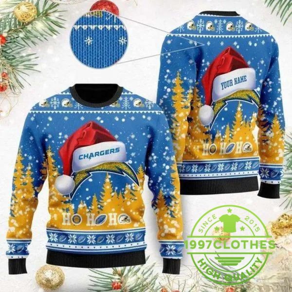 Los Angeles Chargers Wearing Santa Claus Hat Ho Ho Ho Personalized Ugly Christmas Sweater, Los Angeles Chargers Ugly Sweater, NFL Ugly Sweater